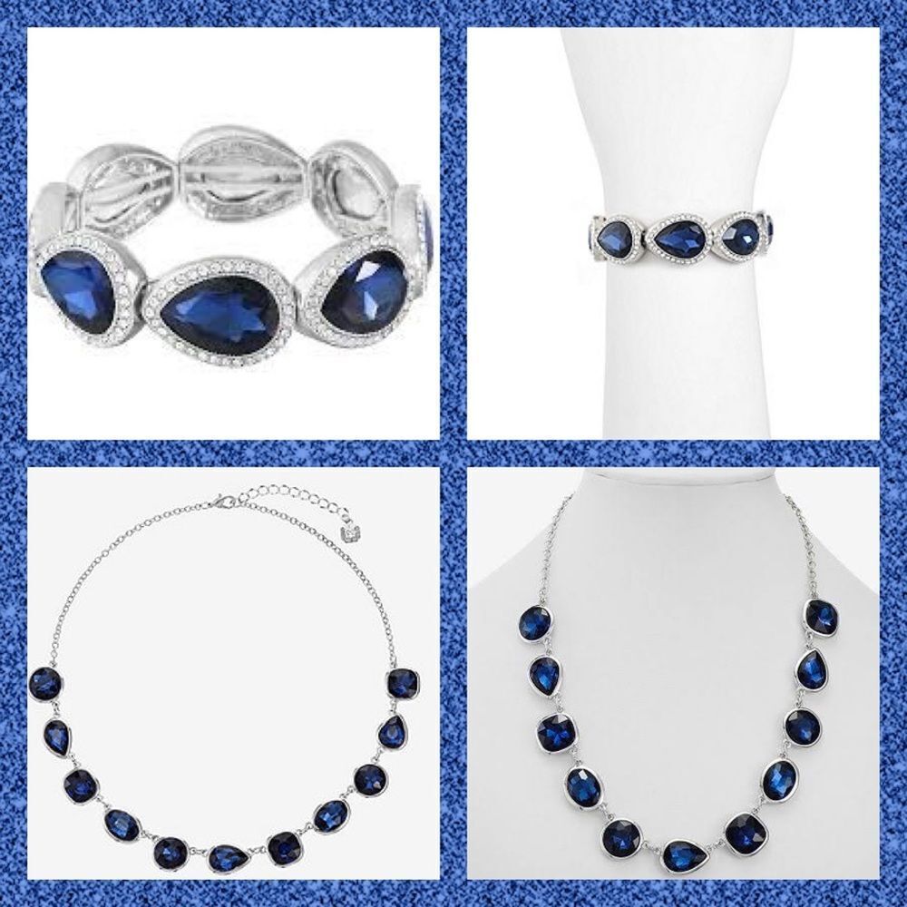 Monet Silver & Blue Stone 17" Cable Collar Necklace & Stretch Bracelet Set